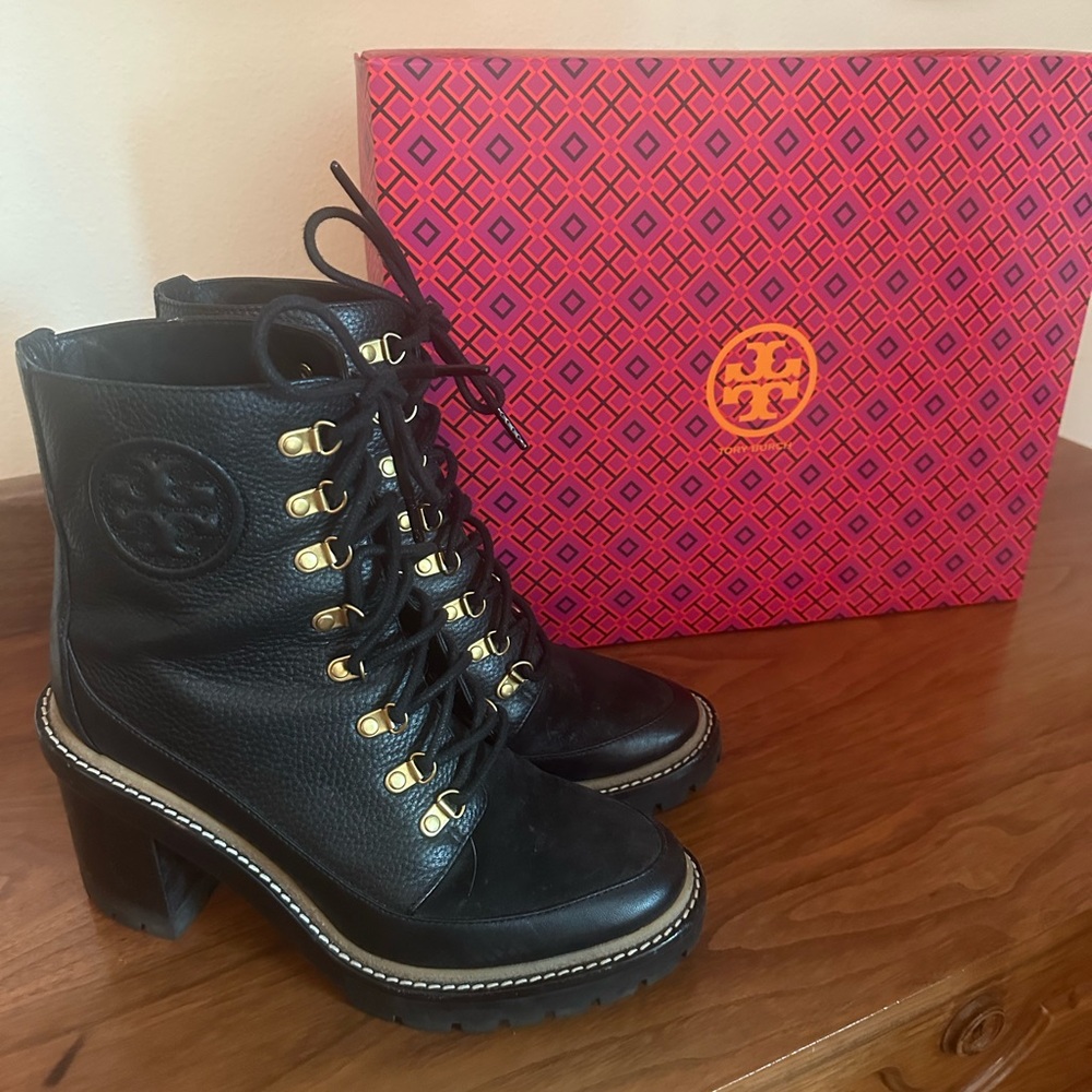 Tory Burch Black Lace-Up Leather Boots